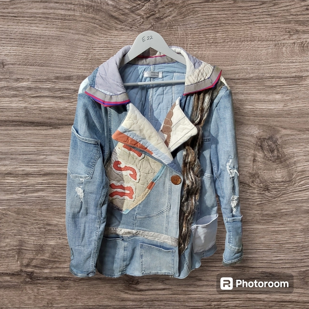 Jean jacket upcycled.Warm w many pockets,
